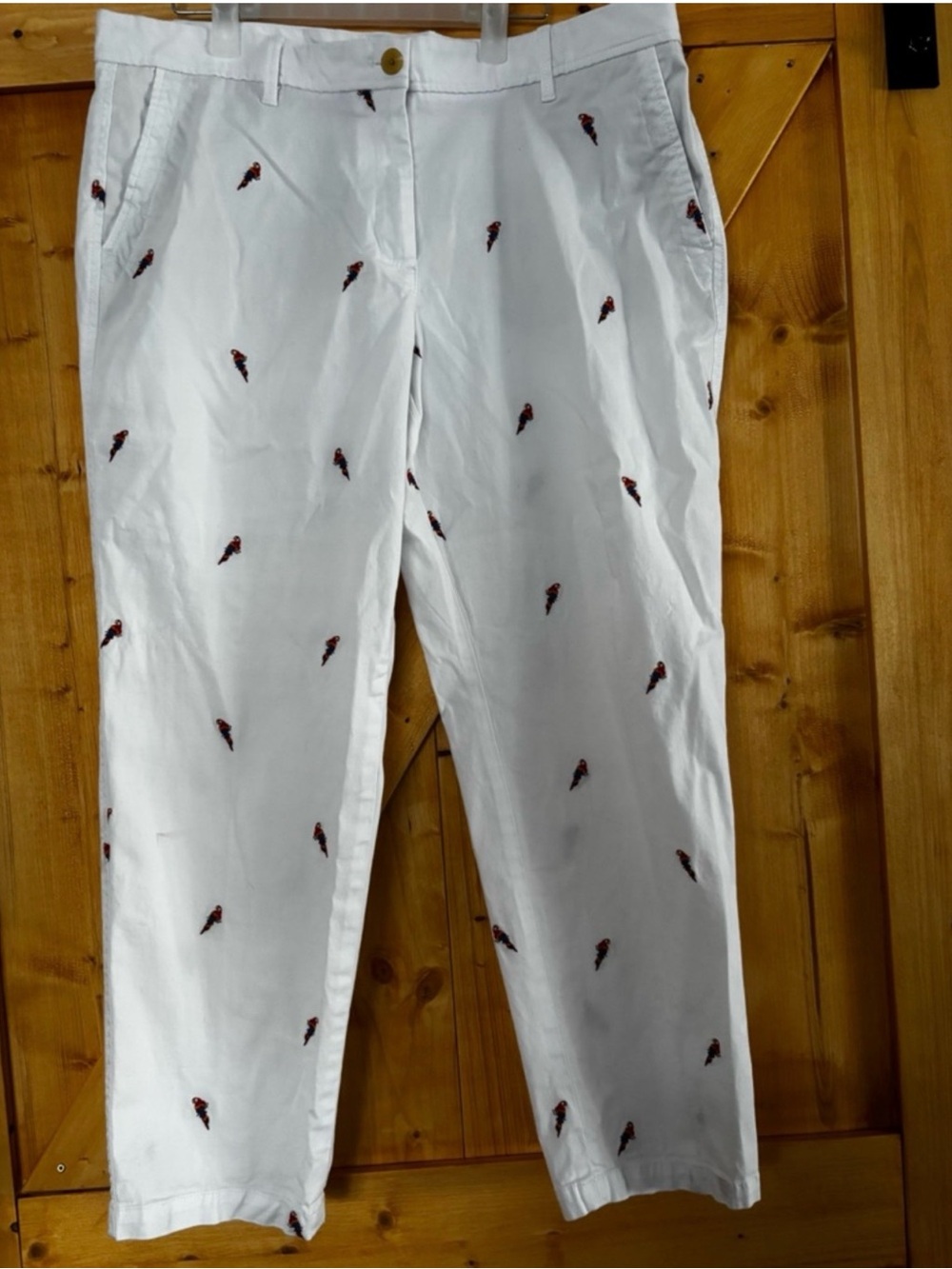 Talbots White Relaxed Chino Pants Embroidered Parrot Print 14P Petite